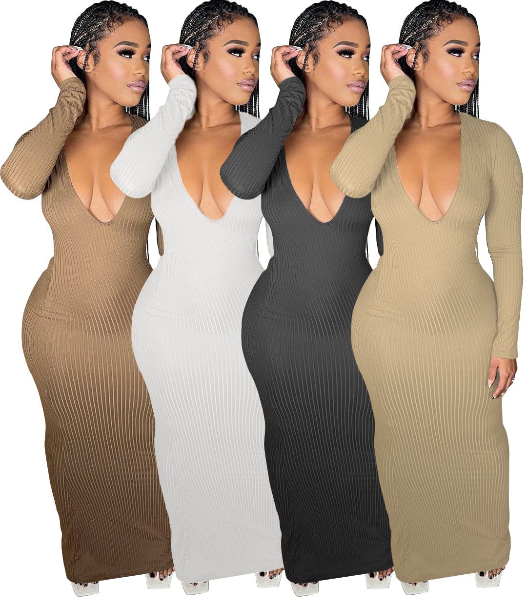 Women Dresses Knitted Women Clothing Sweater Dress Deep V Neck Maxi Casual Sexy Knitting Slim Ribbed Dress