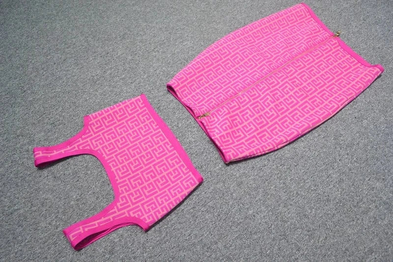 Women Elegant Camisole Sleeveless Jacquard Two Piece Set Fashion Casual Bandage Skirt