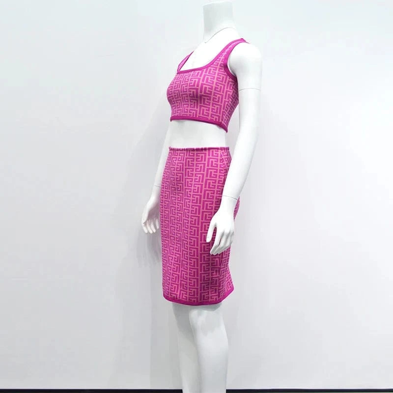 Women Elegant Camisole Sleeveless Jacquard Two Piece Set Fashion Casual Bandage Skirt