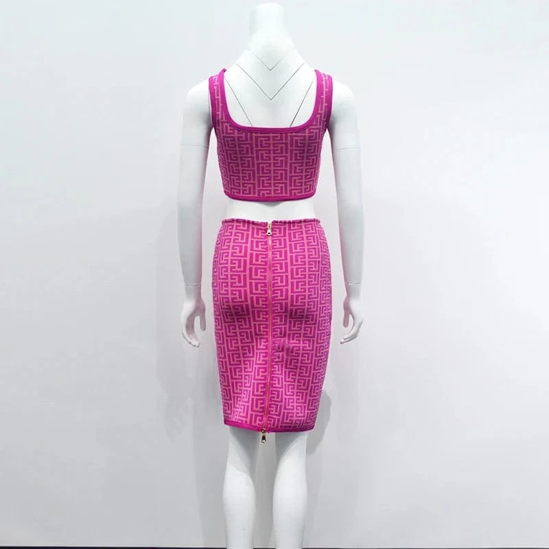 Women Elegant Camisole Sleeveless Jacquard Two Piece Set Fashion Casual Bandage Skirt