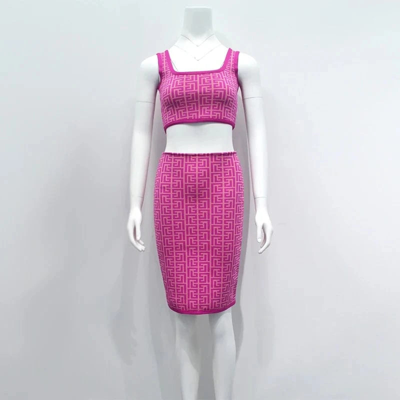 Women Elegant Camisole Sleeveless Jacquard Two Piece Set Fashion Casual Bandage Skirt