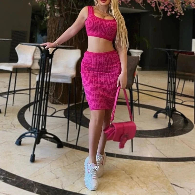 Women Elegant Camisole Sleeveless Jacquard Two Piece Set Fashion Casual Bandage Skirt