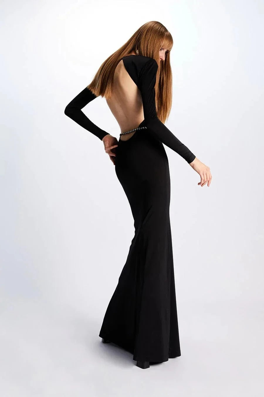 Women Elegant Long Sleeves Sexy Hollow Out Backless Bandage Long Evening Dresses