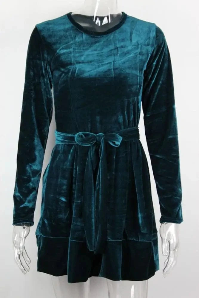 Women Evening Party Club Fashion Bandage Velvet Dress Stand Collar Long Sleeve Waist Bow knot Skater Mini Dress EL36