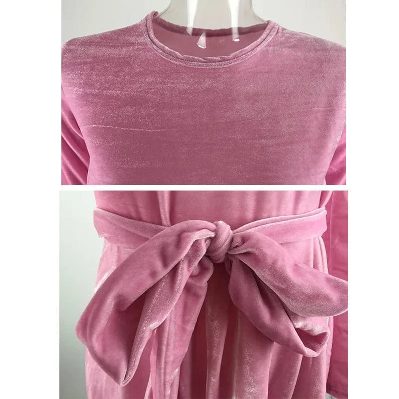 Women Evening Party Club Fashion Bandage Velvet Dress Stand Collar Long Sleeve Waist Bow knot Skater Mini Dress EL36