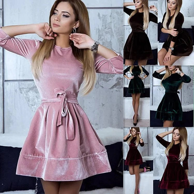 Women Evening Party Club Fashion Bandage Velvet Dress Stand Collar Long Sleeve Waist Bow knot Skater Mini Dress EL36