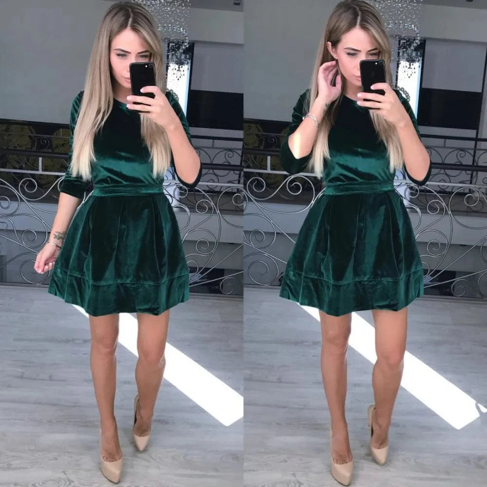 Women Evening Party Club Fashion Bandage Velvet Dress Stand Collar Long Sleeve Waist Bow knot Skater Mini Dress EL36