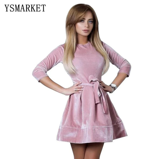 Women Evening Party Club Fashion Bandage Velvet Dress Stand Collar Long Sleeve Waist Bow knot Skater Mini Dress EL36