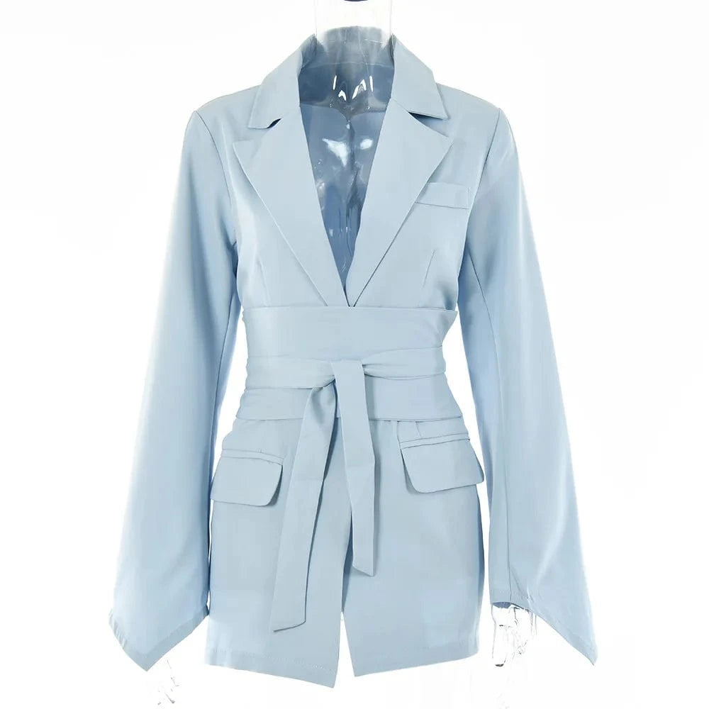 Women Fashion Casual Blazer Spring New Solid Color Long-sleeved Cardigan Belt Tunic Jacket