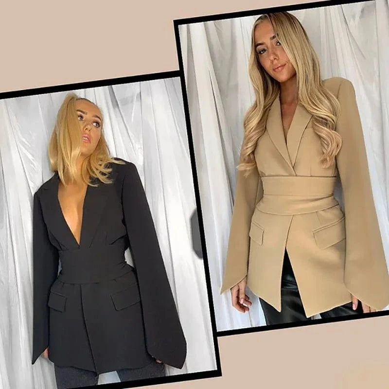 Women Fashion Casual Blazer Spring New Solid Color Long-sleeved Cardigan Belt Tunic Jacket