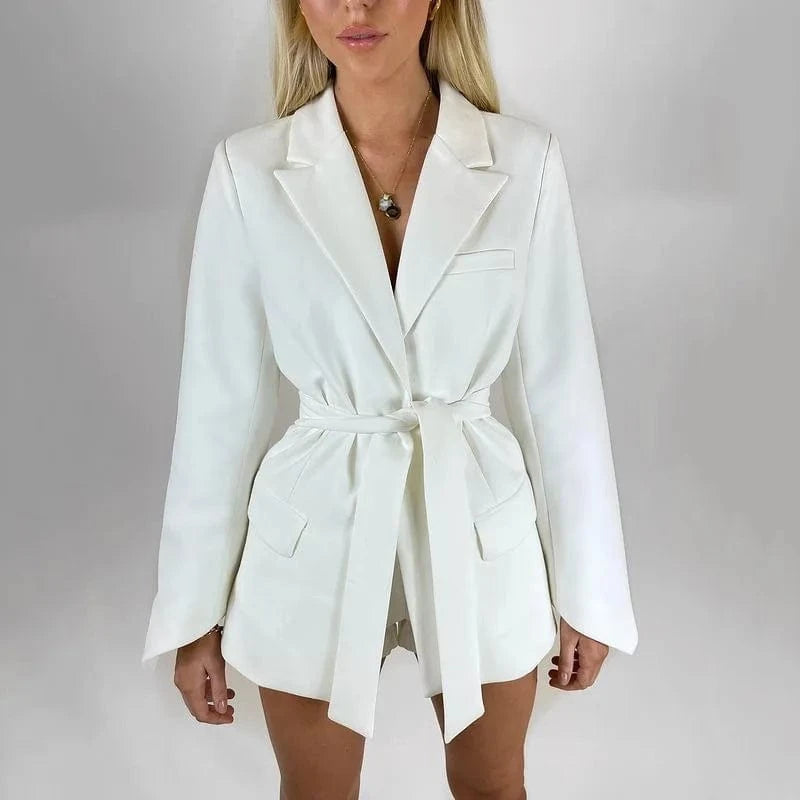 Women Fashion Casual Blazer Spring New Solid Color Long-sleeved Cardigan Belt Tunic Jacket