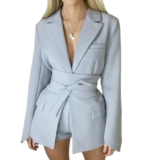 Women Fashion Casual Blazer Spring New Solid Color Long-sleeved Cardigan Belt Tunic Jacket