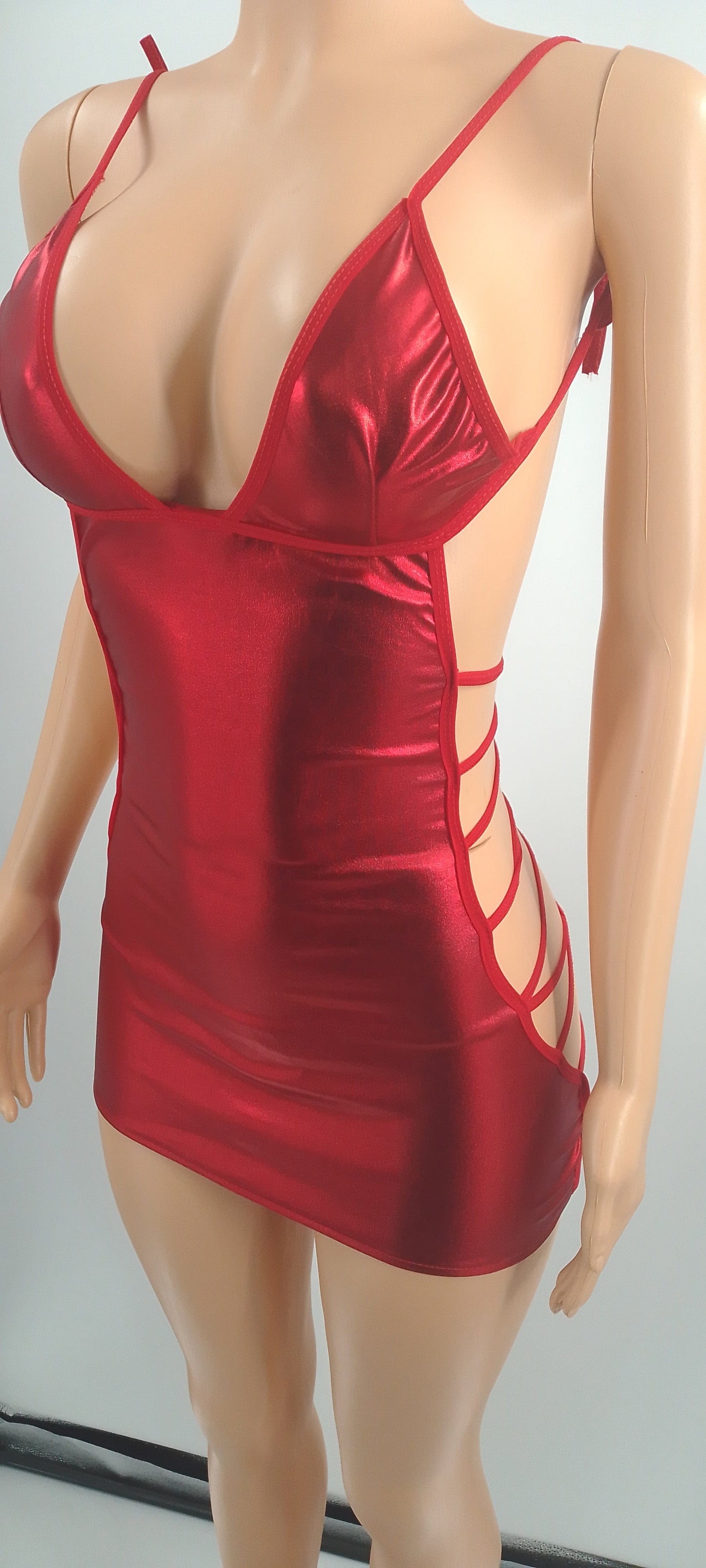 Women Fashion Dress  PU Coated Nightclub Hollow Tie Sexy Dress