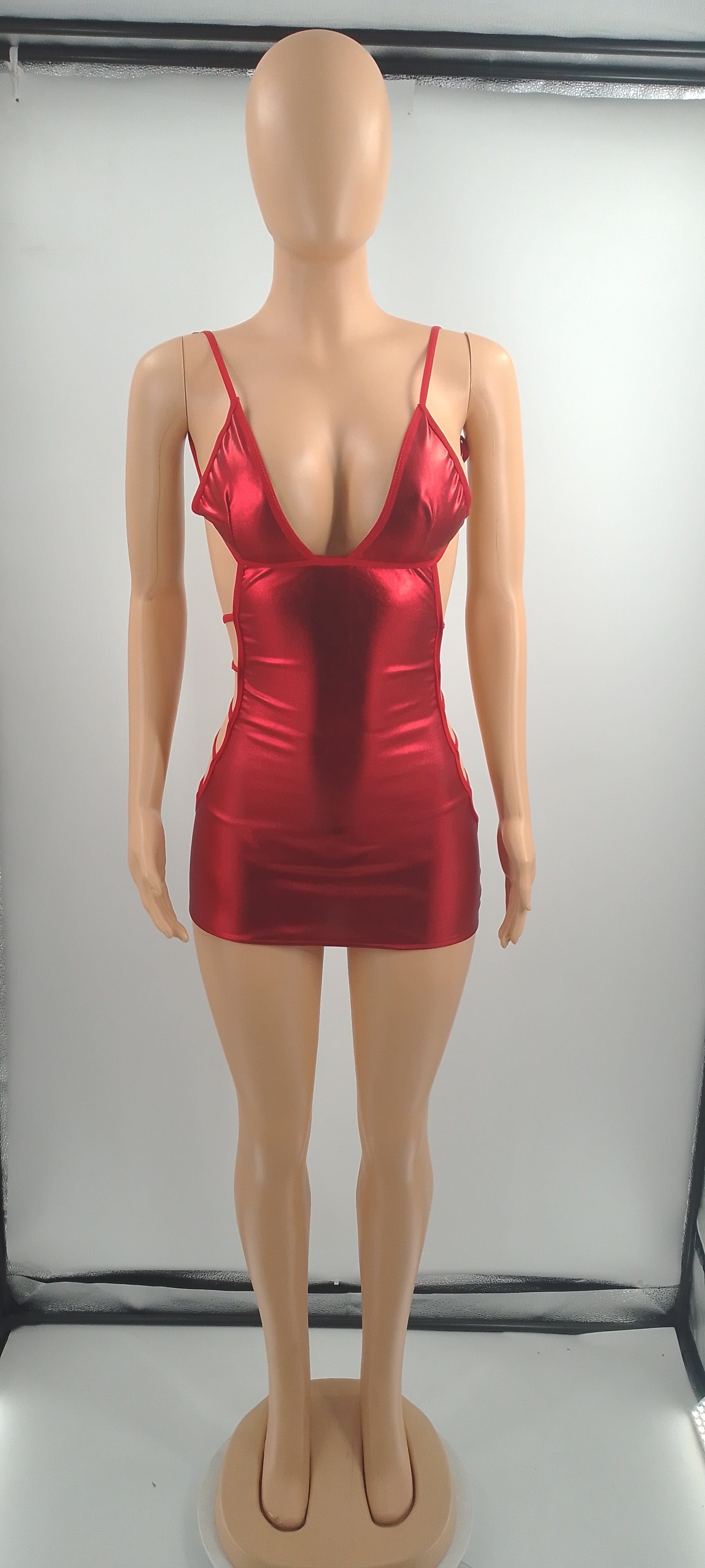 Women Fashion Dress  PU Coated Nightclub Hollow Tie Sexy Dress