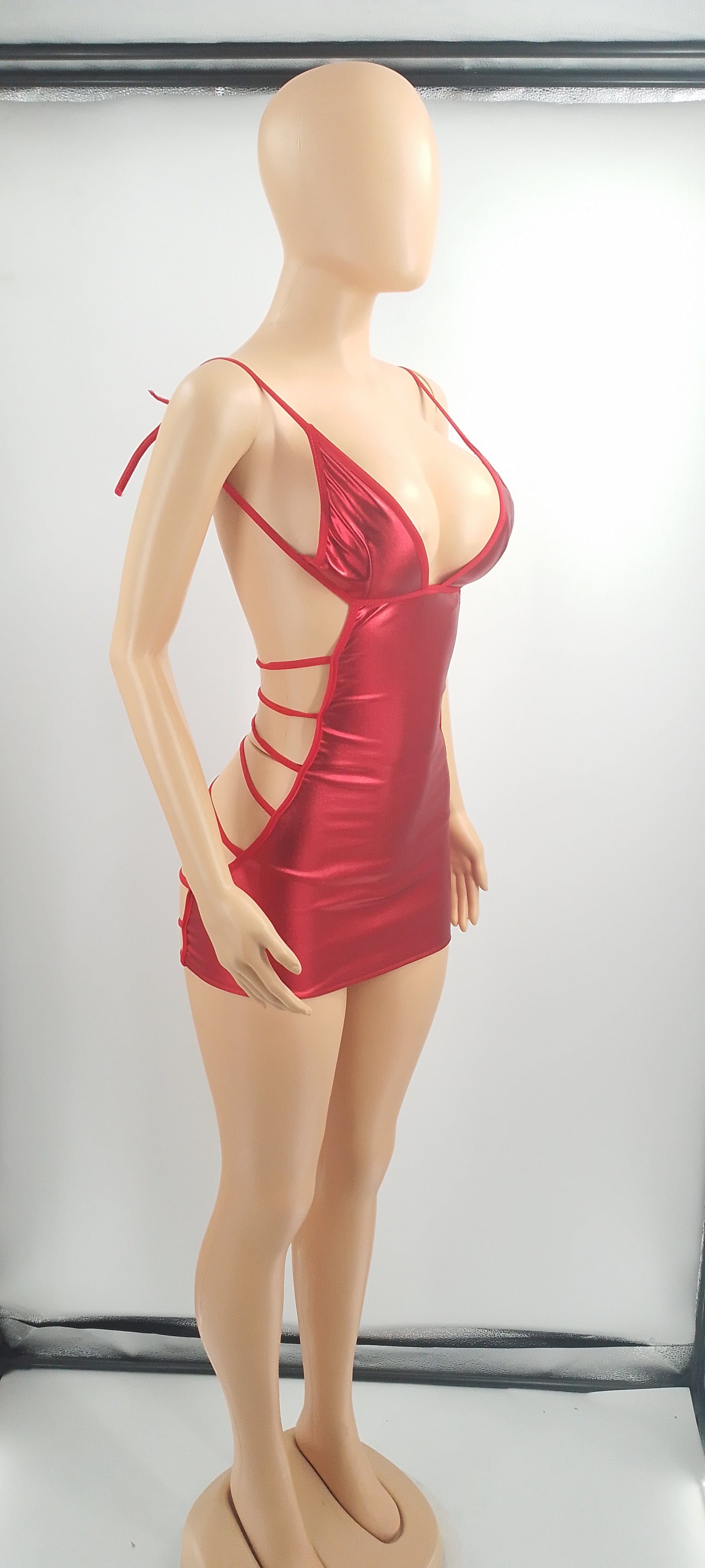 Women Fashion Dress  PU Coated Nightclub Hollow Tie Sexy Dress