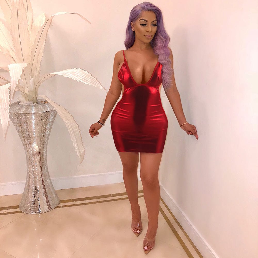 Women Fashion Dress  PU Coated Nightclub Hollow Tie Sexy Dress