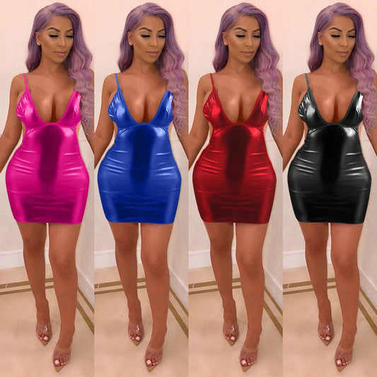 Women Fashion Dress  PU Coated Nightclub Hollow Tie Sexy Dress