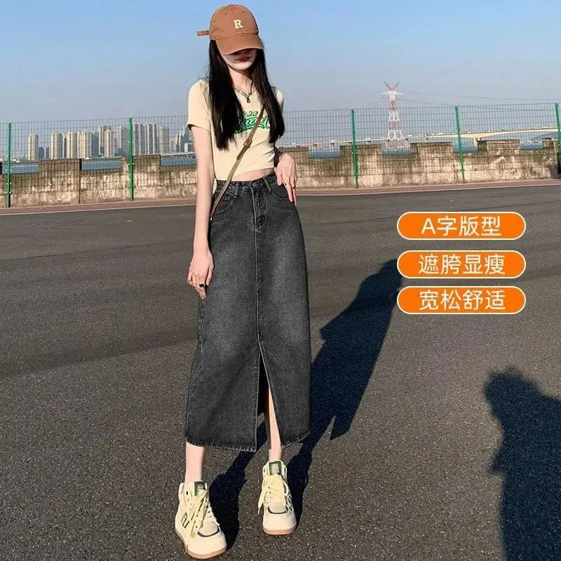 Women Fashion New Summer Denim A-line Hight Waist Solid Midi Skirt Casual Loose Color Dress Pencil Casual Skirt