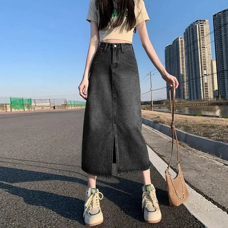 Women Fashion New Summer Denim A-line Hight Waist Solid Midi Skirt Casual Loose Color Dress Pencil Casual Skirt
