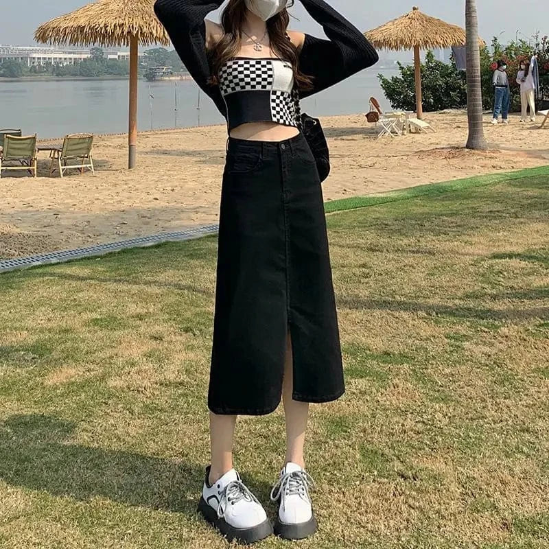 Women Fashion New Summer Denim A-line Hight Waist Solid Midi Skirt Casual Loose Color Dress Pencil Casual Skirt