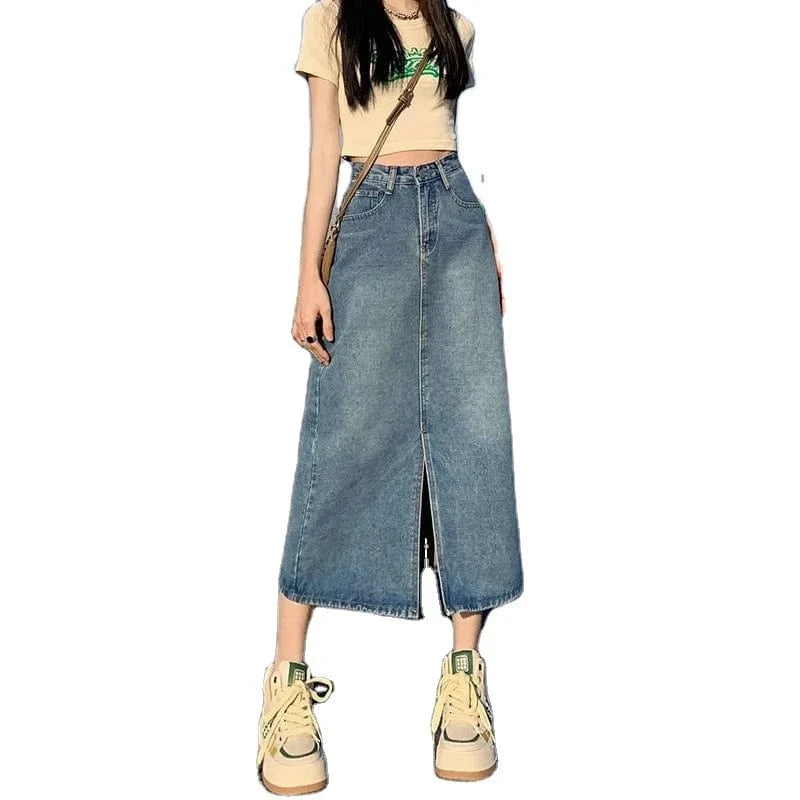 Women Fashion New Summer Denim A-line Hight Waist Solid Midi Skirt Casual Loose Color Dress Pencil Casual Skirt