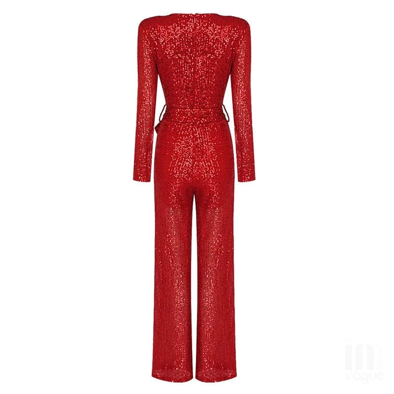 Women Fashion sexy red sequined deep V long sleeve jumpsuit