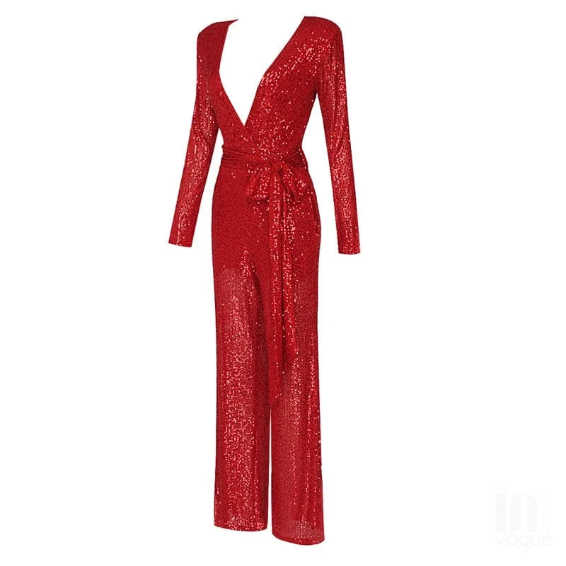 Women Fashion sexy red sequined deep V long sleeve jumpsuit