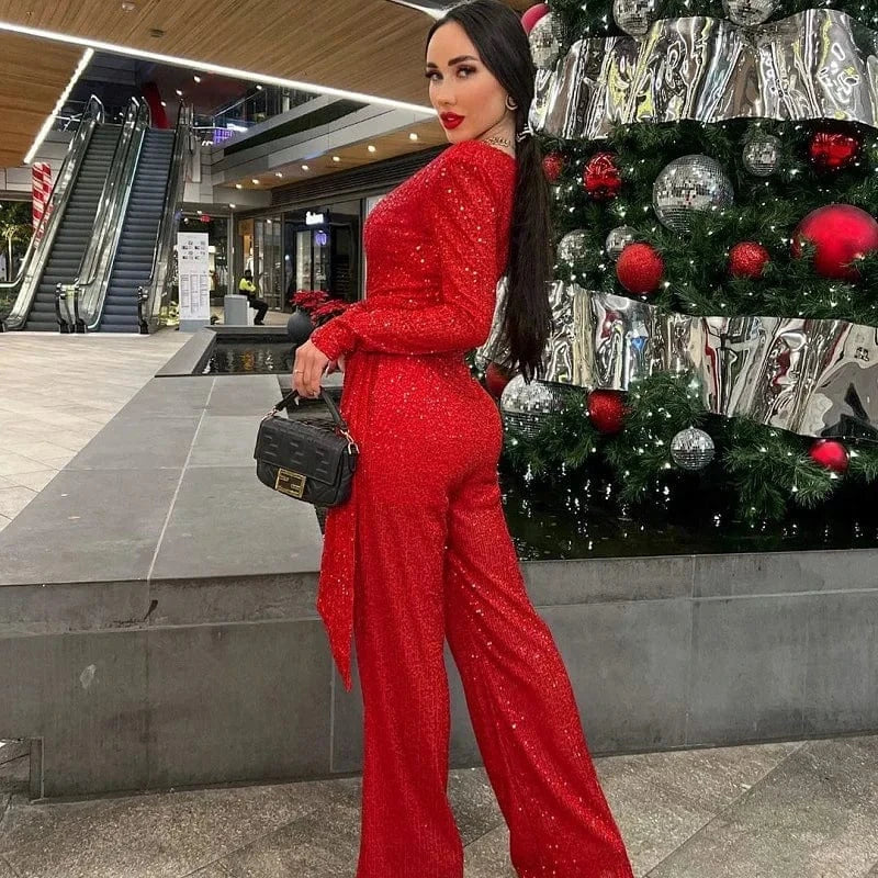 Women Fashion sexy red sequined deep V long sleeve jumpsuit