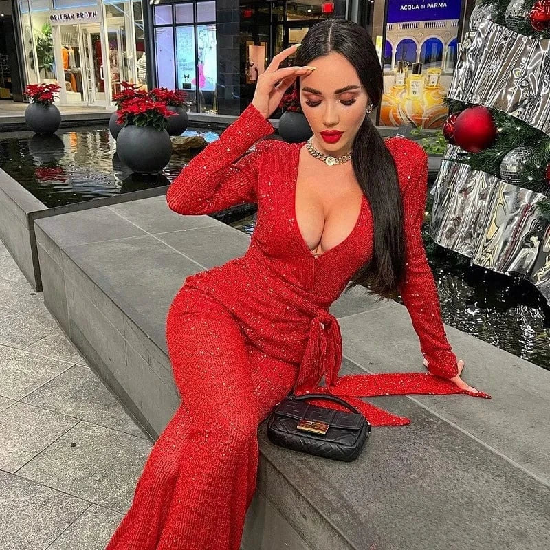 Women Fashion sexy red sequined deep V long sleeve jumpsuit