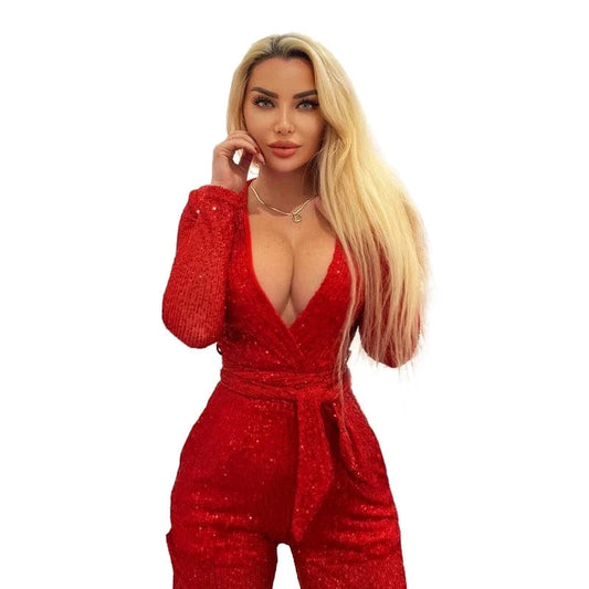 Women Fashion sexy red sequined deep V long sleeve jumpsuit