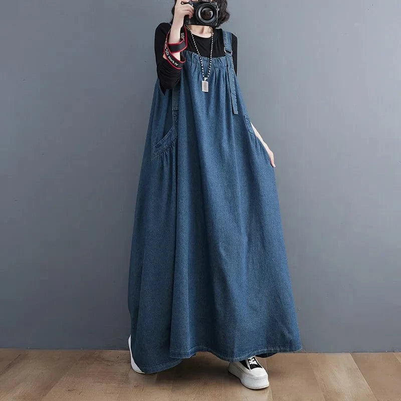 Women Fashion Spring Autumn Long Dress Retro Loose Slimming Denim Suspender Skirt Dresses Long Large Swing Dress