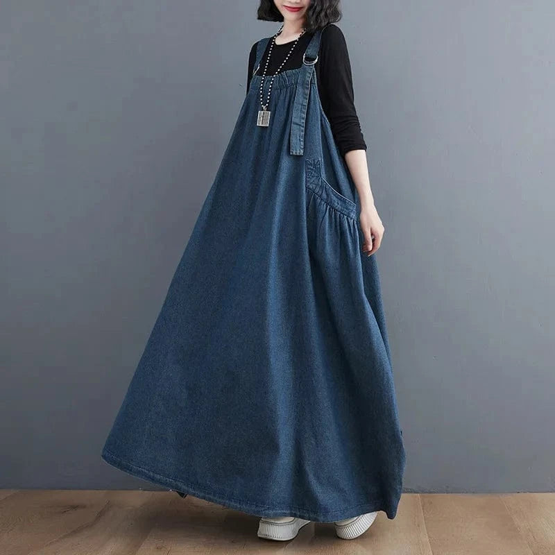 Women Fashion Spring Autumn Long Dress Retro Loose Slimming Denim Suspender Skirt Dresses Long Large Swing Dress