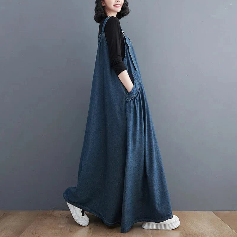 Women Fashion Spring Autumn Long Dress Retro Loose Slimming Denim Suspender Skirt Dresses Long Large Swing Dress