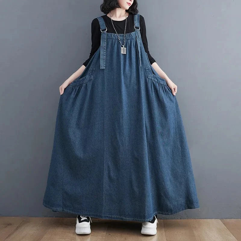 Women Fashion Spring Autumn Long Dress Retro Loose Slimming Denim Suspender Skirt Dresses Long Large Swing Dress