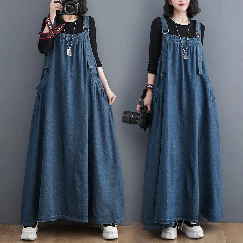 Women Fashion Spring Autumn Long Dress Retro Loose Slimming Denim Suspender Skirt Dresses Long Large Swing Dress