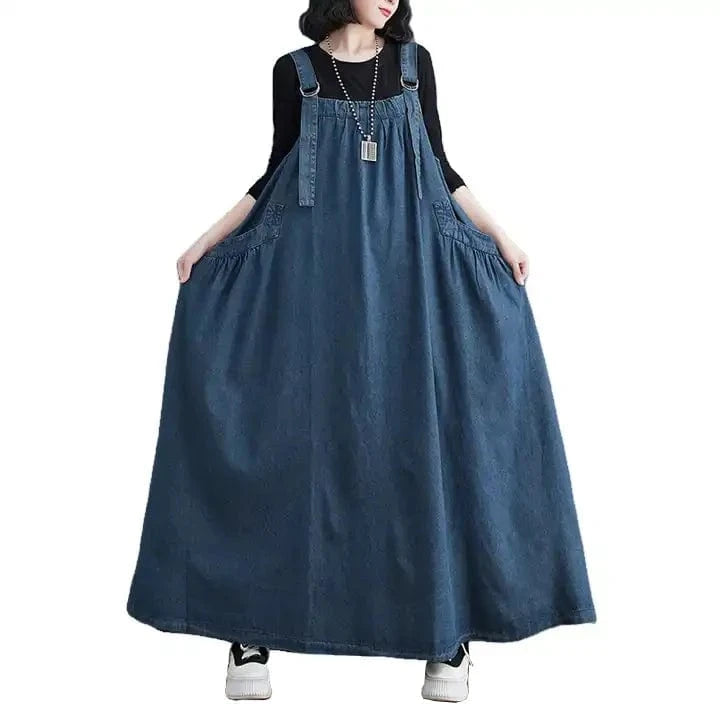 Women Fashion Spring Autumn Long Dress Retro Loose Slimming Denim Suspender Skirt Dresses Long Large Swing Dress
