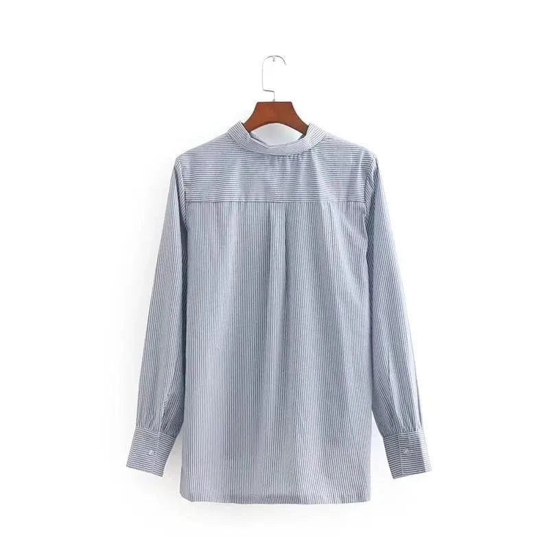 Women floral dragonfly embroidery full cotton striped blouse long sleeve long shirt European ladies casual tops blusas E8437