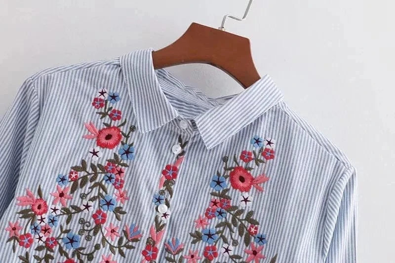 Women floral dragonfly embroidery full cotton striped blouse long sleeve long shirt European ladies casual tops blusas E8437