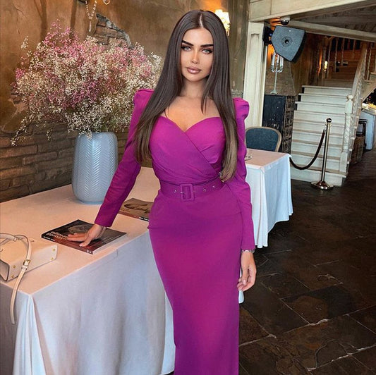 Women Formal Slim V Neck Dresses Satin Slit Belt Office Lady Solid Puff Sleeve Midi Dress