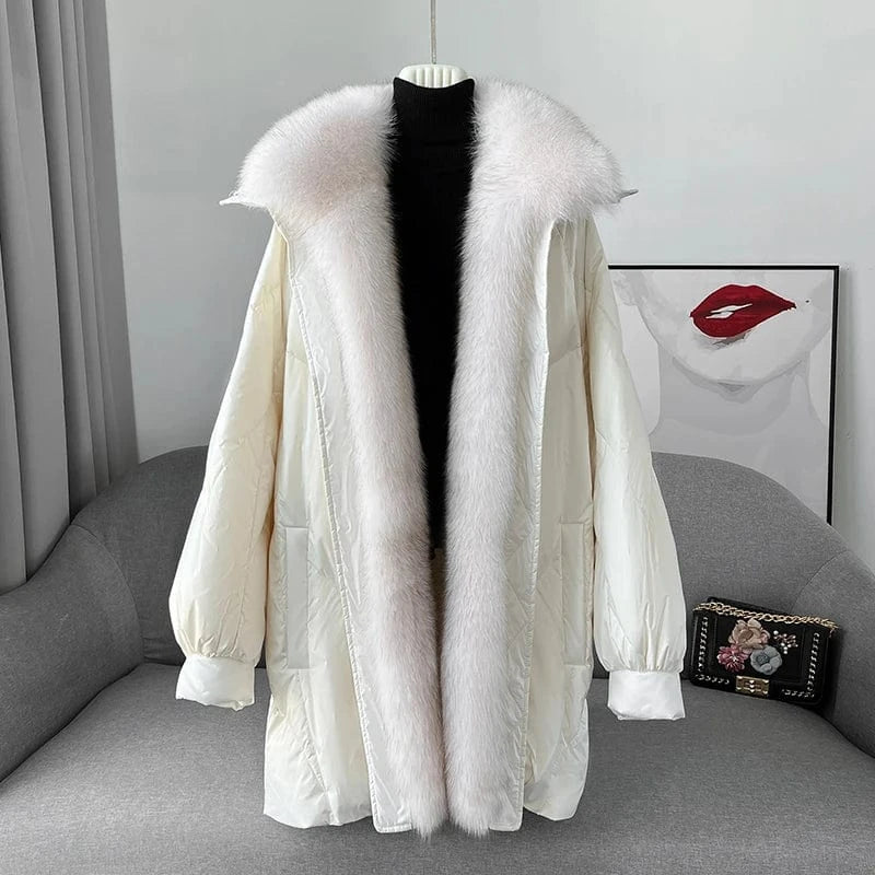 Women Fox fur Collar Loose Style Fur Coat Lady Girl Goose Down Warm Jacket Winter Parka JT3156
