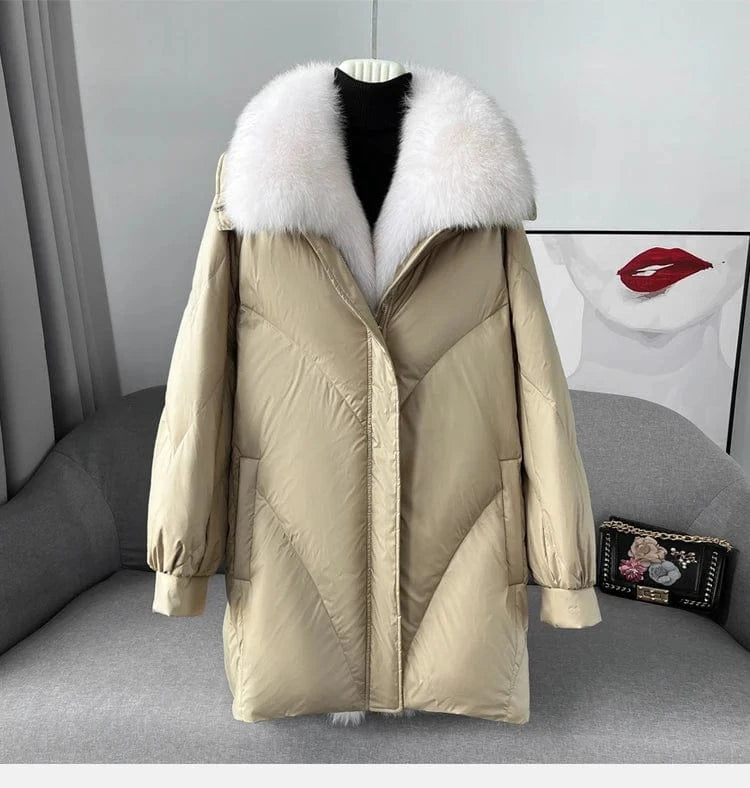 Women Fox fur Collar Loose Style Fur Coat Lady Girl Goose Down Warm Jacket Winter Parka JT3156