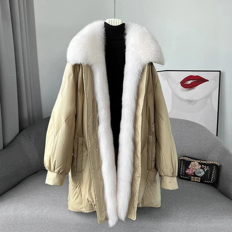 Women Fox fur Collar Loose Style Fur Coat Lady Girl Goose Down Warm Jacket Winter Parka JT3156