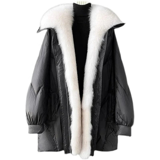 Women Fox fur Collar Loose Style Fur Coat Lady Girl Goose Down Warm Jacket Winter Parka JT3156