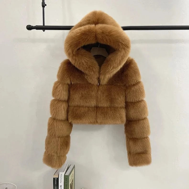 Women Fur Coat Hooded Crop Solid Thick zipper Fashion Women Short Length Regular From S-XXXXXXXXL  8XL  Plus Size  Woman Jacket
