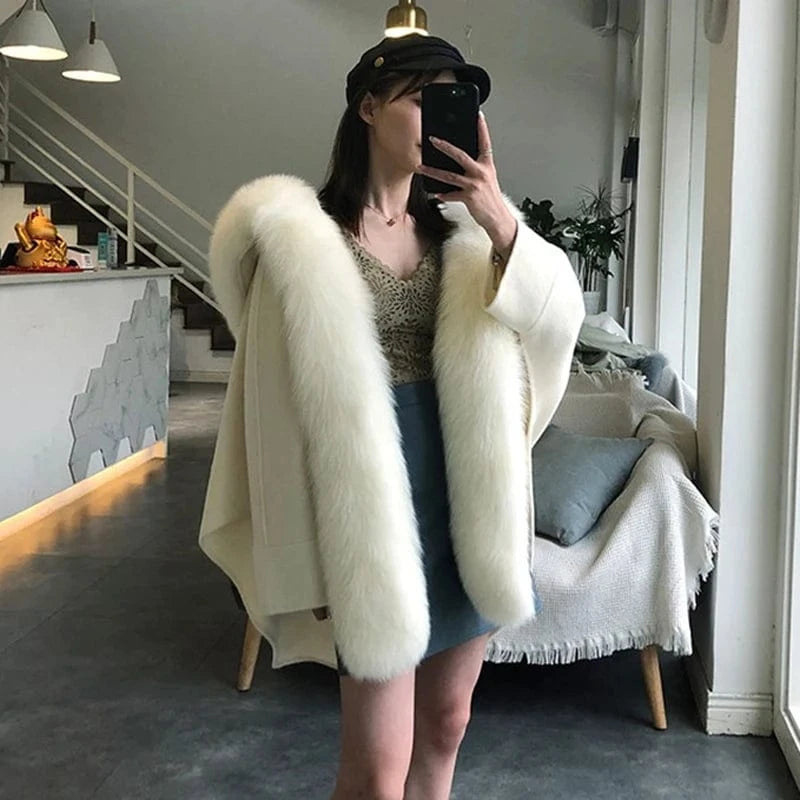Women genuine wool fur coat winter female lady blet elegant fox fur collar jacket overcsize cape CK001