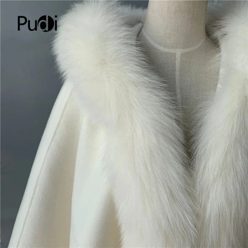 Women genuine wool fur coat winter female lady blet elegant fox fur collar jacket overcsize cape CK001