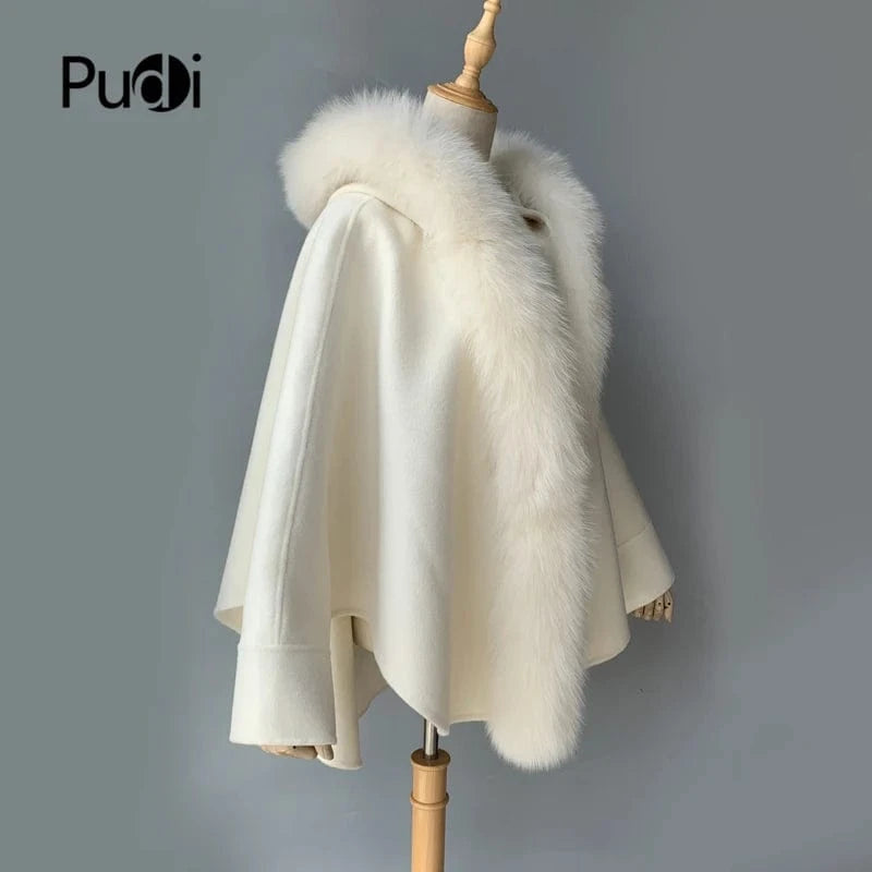 Women genuine wool fur coat winter female lady blet elegant fox fur collar jacket overcsize cape CK001