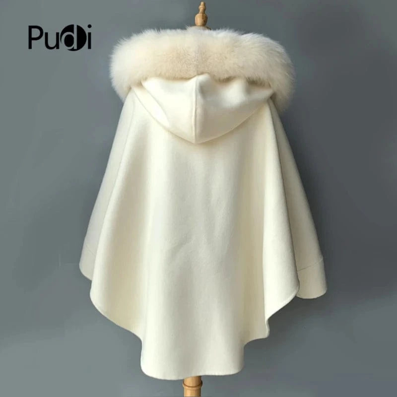 Women genuine wool fur coat winter female lady blet elegant fox fur collar jacket overcsize cape CK001