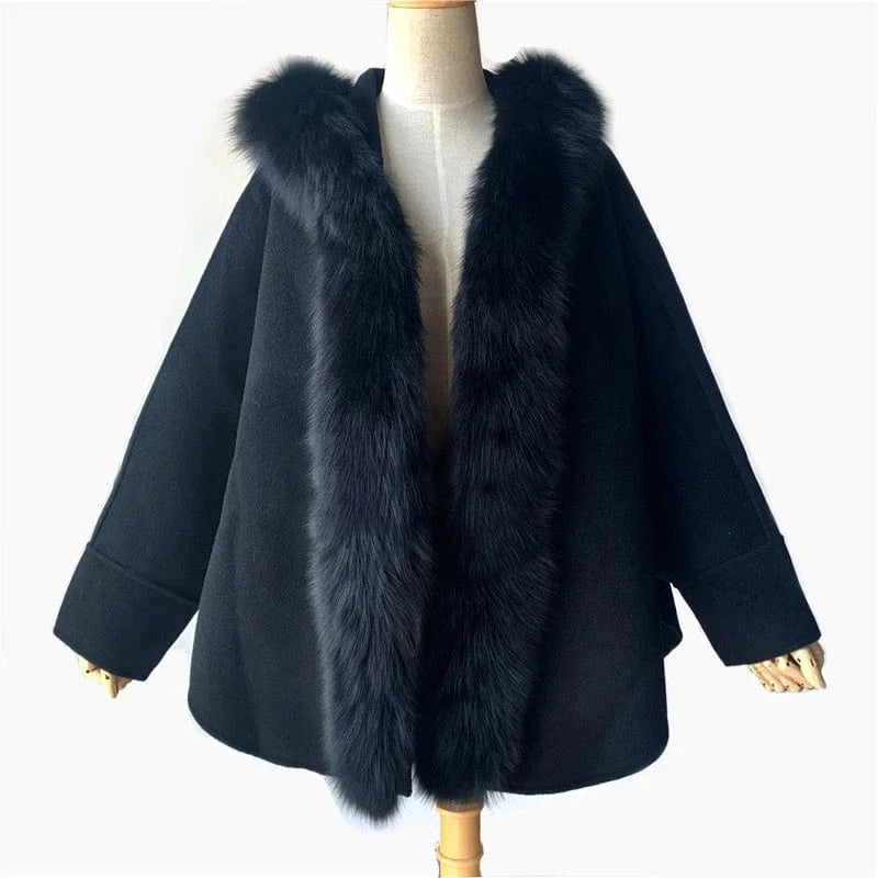 Women genuine wool fur coat winter female lady blet elegant fox fur collar jacket overcsize cape CK001