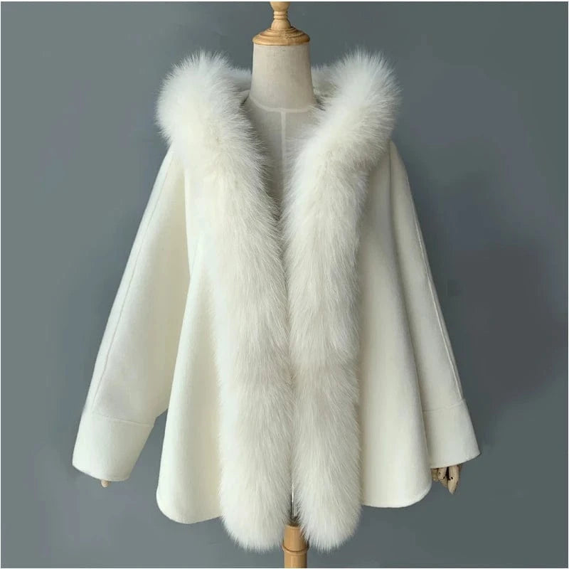 Women genuine wool fur coat winter female lady blet elegant fox fur collar jacket overcsize cape CK001